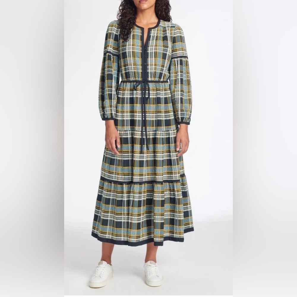 Cefinn Katie Organic Cotton Seersucker Maxi Dress - Navy Yellow 6